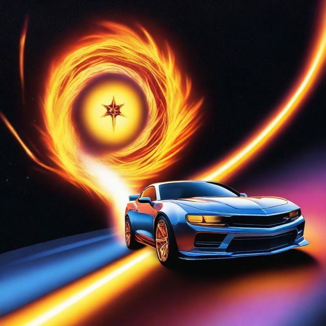 Generate an image of the Pole Star in a cosmic background with a Hot Wheels car zooming towards it, leaving a trail of flames