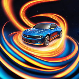 Generate an image of the Pole Star in a cosmic background with a Hot Wheels car zooming towards it, leaving a trail of flames