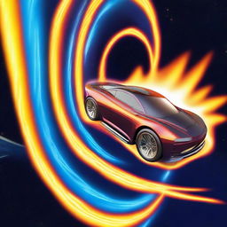 Generate an image of the Pole Star in a cosmic background with a Hot Wheels car zooming towards it, leaving a trail of flames