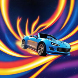 Generate an image of the Pole Star in a cosmic background with a Hot Wheels car zooming towards it, leaving a trail of flames