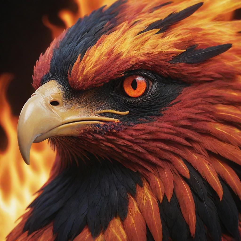 A detailed, close-up of the face of an aggressive, fiery phoenix, entirely engulfed in flames, with special focus on the beak. The colors portray a blend of lava, black, red, and orange.