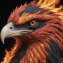 A detailed, close-up of the face of an aggressive, fiery phoenix, entirely engulfed in flames, with special focus on the beak. The colors portray a blend of lava, black, red, and orange.