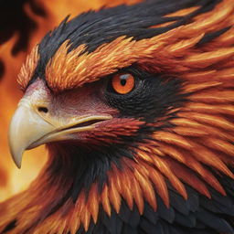 A detailed, close-up of the face of an aggressive, fiery phoenix, entirely engulfed in flames, with special focus on the beak. The colors portray a blend of lava, black, red, and orange.