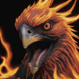 A vivid, close-up of the screaming face of an aggressive phoenix, entirely cloaked in flames, with emphasis on its beak. Tones of lava, black, red, and orange create a fiery palette.