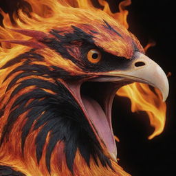 A vivid, close-up of the screaming face of an aggressive phoenix, entirely cloaked in flames, with emphasis on its beak. Tones of lava, black, red, and orange create a fiery palette.