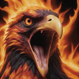 A vivid, close-up of the screaming face of an aggressive phoenix, entirely cloaked in flames, with emphasis on its beak. Tones of lava, black, red, and orange create a fiery palette.