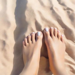 A pair of well-groomed feminine feet, relaxing on a warm sandy beach