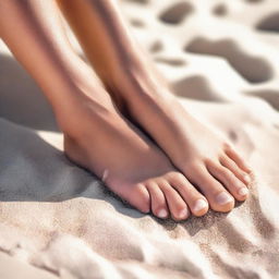 A pair of well-groomed feminine feet, relaxing on a warm sandy beach