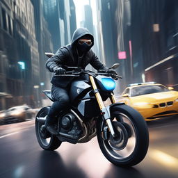 The image depicts a hacker on a futuristic motorbike being chased by the police in a city setting, akin to a scene from the video game Watch Dogs