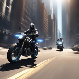 The image depicts a hacker on a futuristic motorbike being chased by the police in a city setting, akin to a scene from the video game Watch Dogs