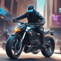 The image depicts a hacker on a futuristic motorbike being chased by the police in a city setting, akin to a scene from the video game Watch Dogs