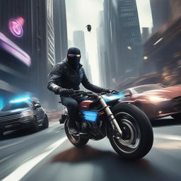 The image depicts a hacker on a futuristic motorbike being chased by the police in a city setting, akin to a scene from the video game Watch Dogs