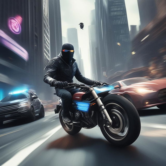 The image depicts a hacker on a futuristic motorbike being chased by the police in a city setting, akin to a scene from the video game Watch Dogs