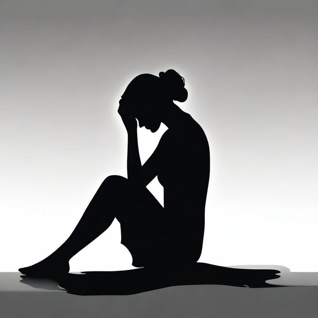 Create a realistic profile silhouette of a woman sitting with her head in her hands, symbolizing grief and struggle