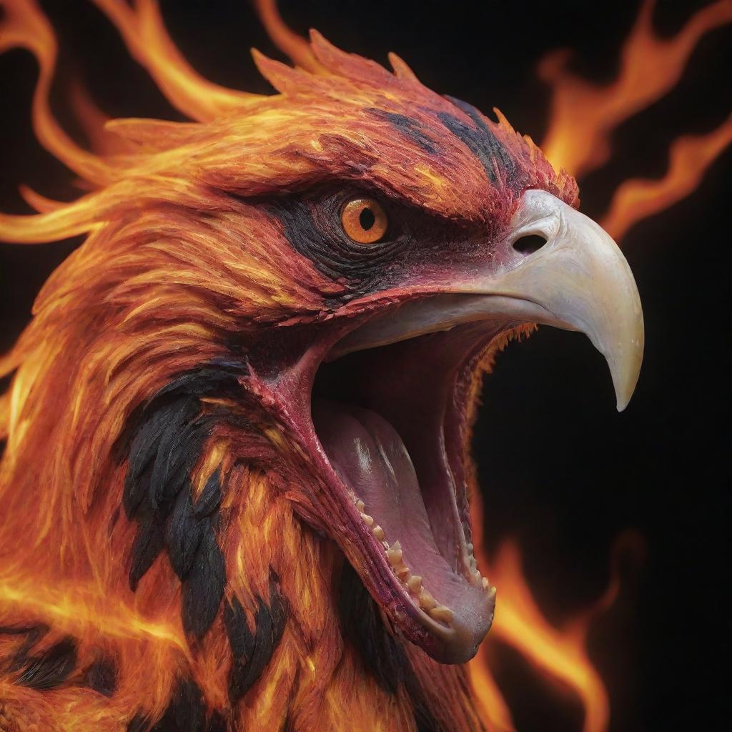 A vivid, close-up of the screaming face of an aggressive phoenix, entirely cloaked in flames, with emphasis on its beak. Tones of lava, black, red, and orange create a fiery palette.