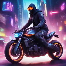 The image illustrates a hacker on a futuristic motorbike being pursued by the police in a neon-lit city, reminiscent of the video game Watch Dogs