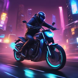 The image illustrates a hacker on a futuristic motorbike being pursued by the police in a neon-lit city, reminiscent of the video game Watch Dogs