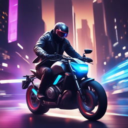 The image illustrates a hacker on a futuristic motorbike being pursued by the police in a neon-lit city, reminiscent of the video game Watch Dogs