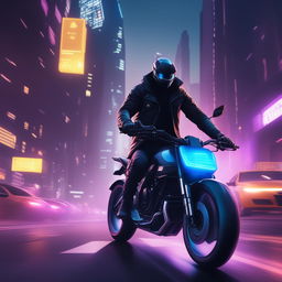 The image illustrates a hacker on a futuristic motorbike being pursued by the police in a neon-lit city, reminiscent of the video game Watch Dogs