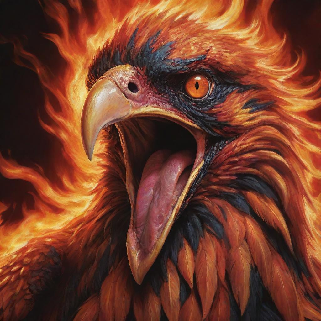 A detailed focus on the screaming face of a fiery, aggressive Phoenix with a large, blazing red eye, and emphasis on its beak. The color palette incorporates hues of lava, black, red, and orange.