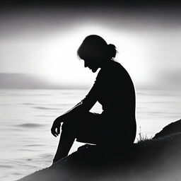 Create a realistic black and white profile silhouette of a woman sitting with her head in her hands, symbolizing grief and struggle