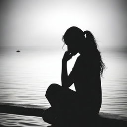 Create a realistic black and white profile silhouette of a woman sitting with her head in her hands, symbolizing grief and struggle