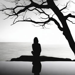 Create a realistic black and white profile silhouette of a woman sitting with her head in her hands, symbolizing grief and struggle