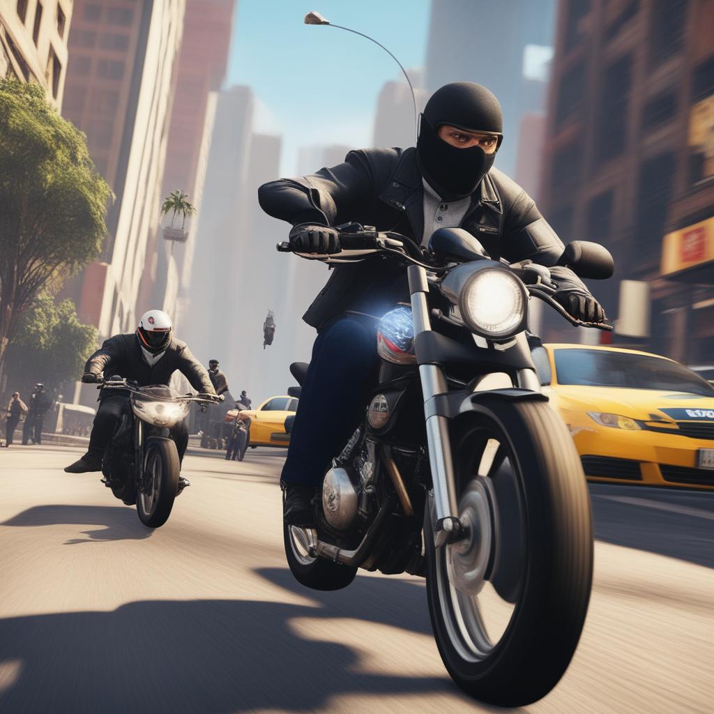 The image showcases a hacker on a motorbike being pursued by the police in a bustling city, reflecting the thrilling action found in the video game GTA5