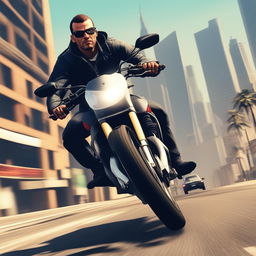 The image showcases a hacker on a motorbike being pursued by the police in a bustling city, reflecting the thrilling action found in the video game GTA5