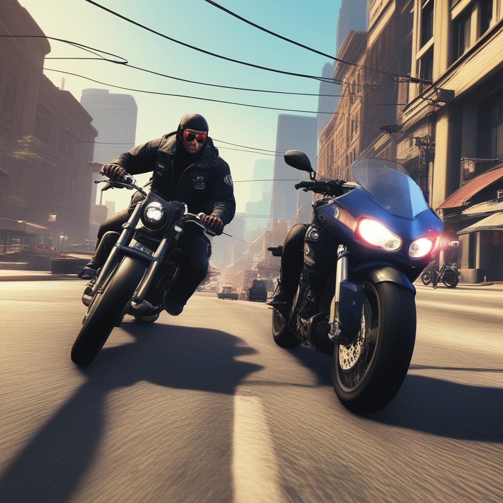 The image showcases a hacker on a motorbike being pursued by the police in a bustling city, reflecting the thrilling action found in the video game GTA5