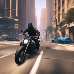 The image showcases a hacker on a motorbike being pursued by the police in a bustling city, reflecting the thrilling action found in the video game GTA5