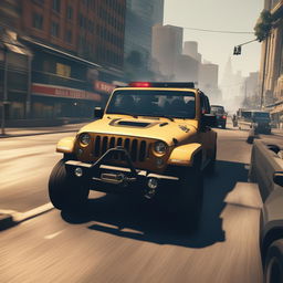 The image depicts members of a cartel in a Jeep being pursued by the police in a bustling city, reminiscent of the high-paced action in the video game GTA5