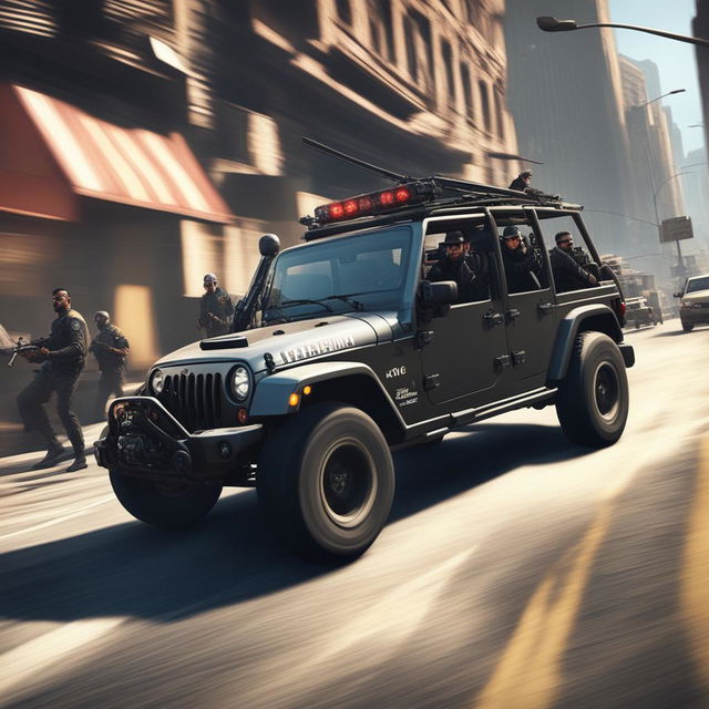 The image depicts members of a cartel in a Jeep being pursued by the police in a bustling city, reminiscent of the high-paced action in the video game GTA5