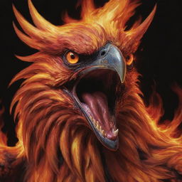 A detailed focus on the screaming face of a fiery, aggressive Phoenix with a large, blazing red eye, and emphasis on its beak. The color palette incorporates hues of lava, black, red, and orange.