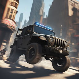 The image depicts members of a cartel in a Jeep being pursued by the police in a bustling city, reminiscent of the high-paced action in the video game GTA5