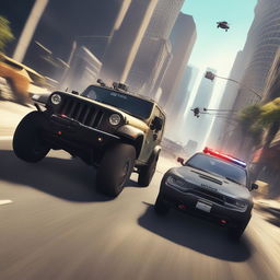 The image depicts members of a cartel in a Jeep being pursued by the police in a bustling city, reminiscent of the high-paced action in the video game GTA5