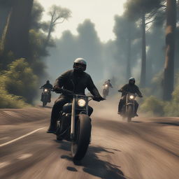 The image depicts cartel members on a motorcycle being chased by the police through a muddy forest, capturing the action-packed essence of the video game GTA5