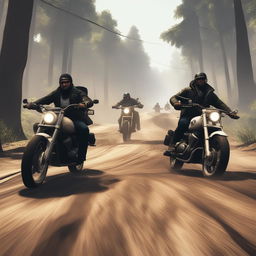 The image depicts cartel members on a motorcycle being chased by the police through a muddy forest, capturing the action-packed essence of the video game GTA5