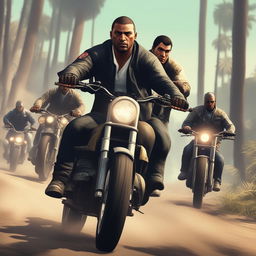 The image depicts cartel members on a motorcycle being chased by the police through a muddy forest, capturing the action-packed essence of the video game GTA5