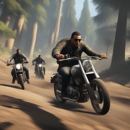 The image depicts cartel members on a motorcycle being chased by the police through a muddy forest, capturing the action-packed essence of the video game GTA5