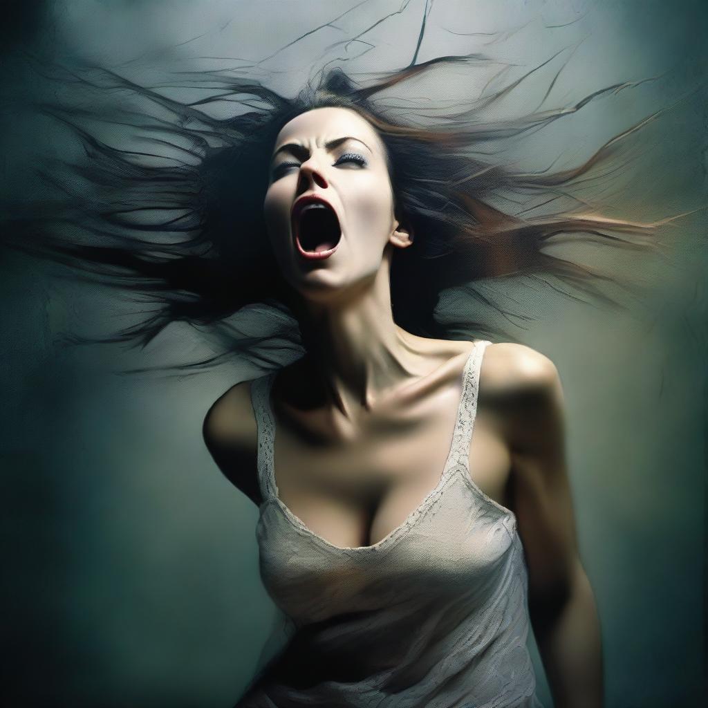 Depict a woman experiencing extreme fear, her facial expressions and body language should convey the intensity of her emotions