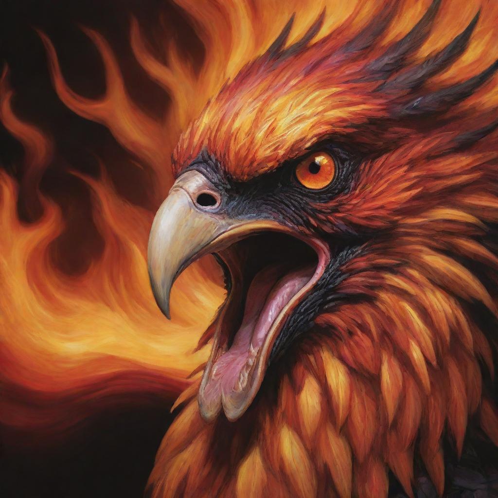 A detailed focus on the screaming face of a fiery, aggressive Phoenix with a large, blazing red eye, and emphasis on its beak. The color palette incorporates hues of lava, black, red, and orange.