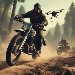 The image depicts cartel members on a motorcycle being chased by a hacker controlling a drone through a muddy forest, capturing the action-packed essence of the video game GTA5