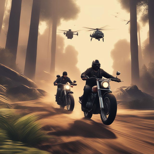 The image depicts cartel members on a motorcycle being chased by a hacker controlling a drone through a muddy forest, capturing the action-packed essence of the video game GTA5