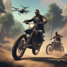 The image depicts cartel members on a motorcycle being chased by a hacker controlling a drone through a muddy forest, capturing the action-packed essence of the video game GTA5