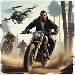 The image depicts cartel members on a motorcycle being chased by a hacker controlling a drone through a muddy forest, capturing the action-packed essence of the video game GTA5