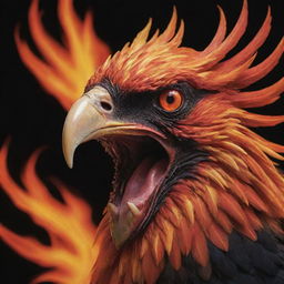 A detailed focus on the screaming face of a fiery, aggressive Phoenix with a large, blazing red eye, and emphasis on its beak. The color palette incorporates hues of lava, black, red, and orange.