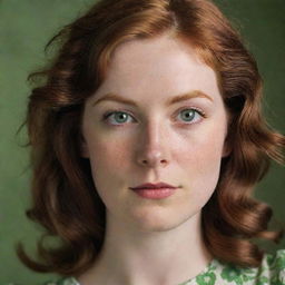 A close-up portrait of a young woman named Mary Jane, with auburn hair and green eyes, wearing a vintage floral dress