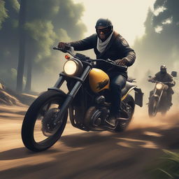 This 1500x1000 resolution image depicts cartel members on a motorcycle being pursued by a hacker with a drone through a muddy forest, capturing the thrilling essence of the video game GTA5