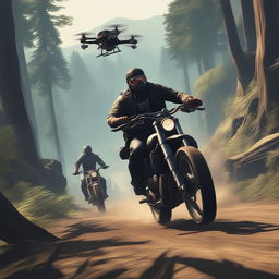 This 1500x1000 resolution image depicts cartel members on a motorcycle being pursued by a hacker with a drone through a muddy forest, capturing the thrilling essence of the video game GTA5